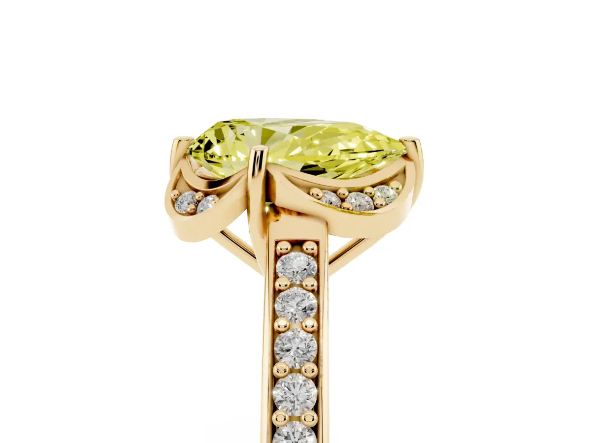 Fancy Yellow Pear Cut Cut Halo Diamond Ring with Channel Set Band and Four-Prong Setting Yellow gold