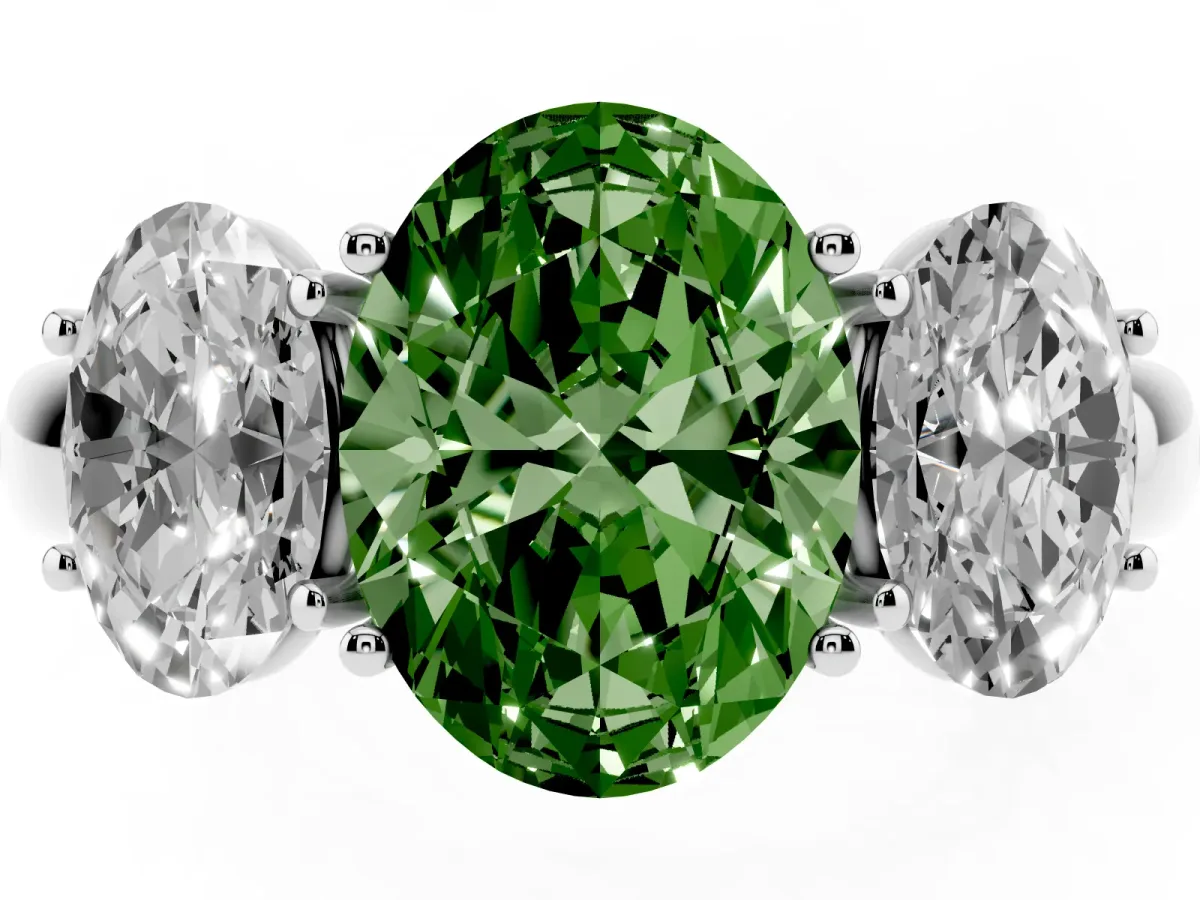 Fancy Green Oval Cut Diamond Three-Stone Ring with Four-Prong Setting and Classic Band Platinum