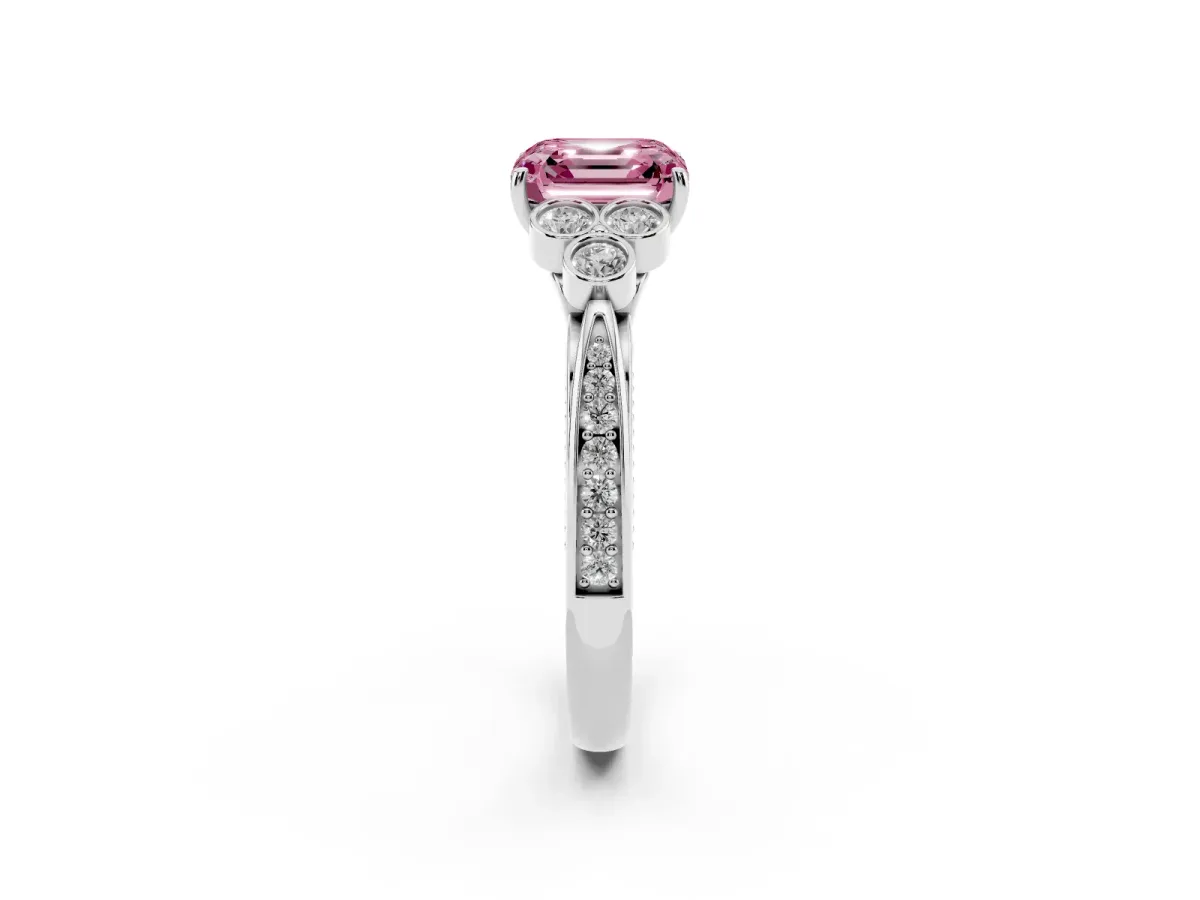 Fancy Pink Asscher Cut Cut Diamond Engagement Ring with Bezel Set Round Side Stones and Prong Setting White gold