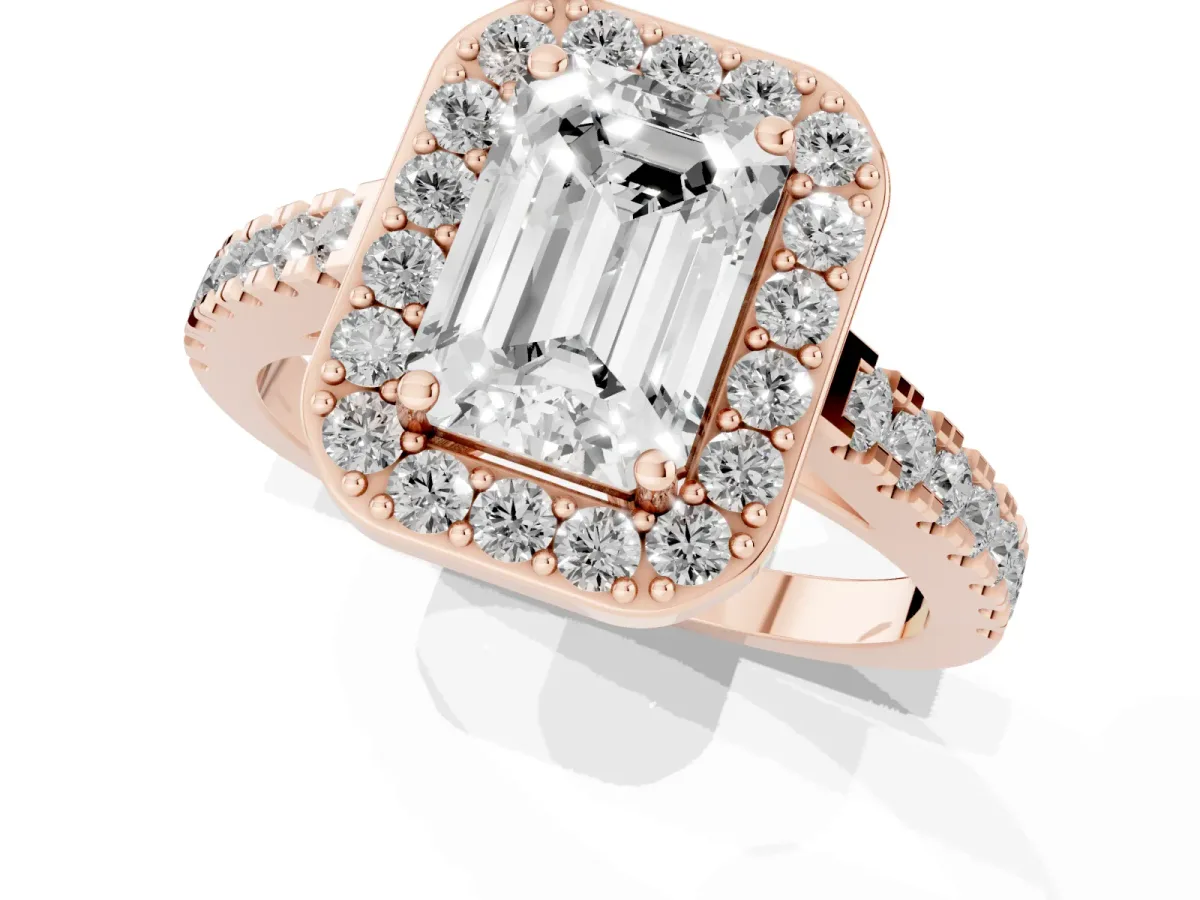 Emerald Cut Diamond Halo Ring with Round Pavé Split Shank and Prong Setting Rose gold