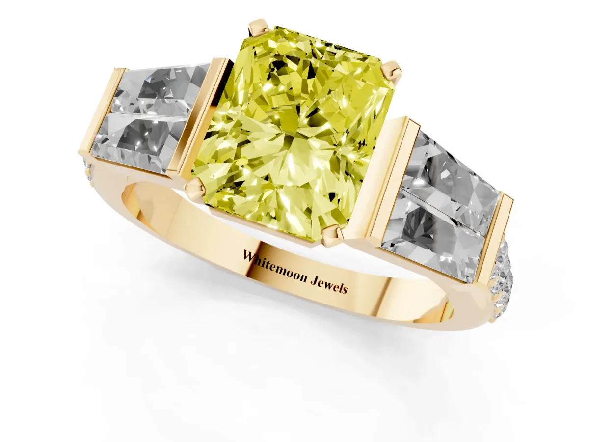 Fancy Yellow Radiant Cut Diamond Engagement Ring with Baguette Side Stones and Channel Set Band Yellow gold