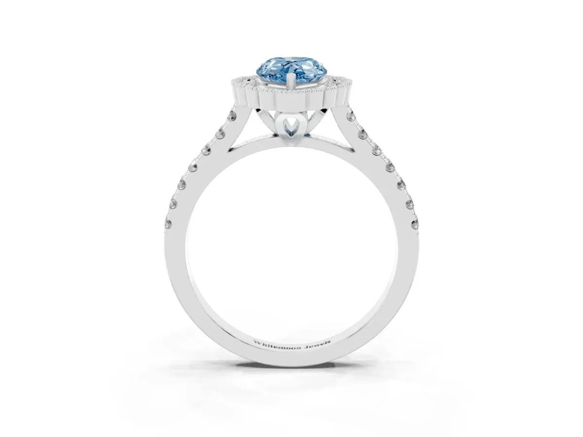 Fancy Blue Pear Cut Cut Diamond Milgrain Floral Halo Engagement Ring with Pavé Band White gold