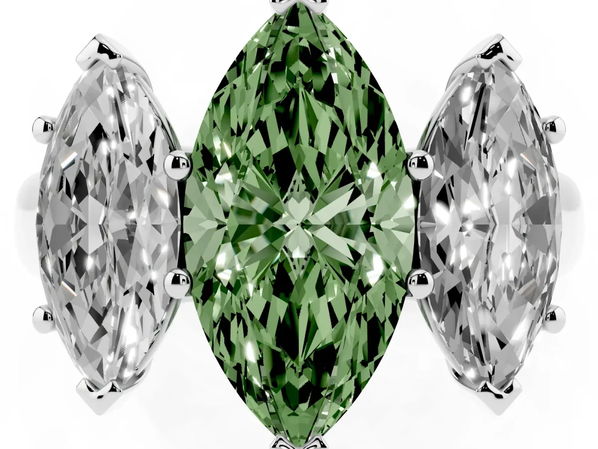 Fancy Green Marquise Cut Three-Stone Diamond Ring with Prong Setting on a Classic Band Silver