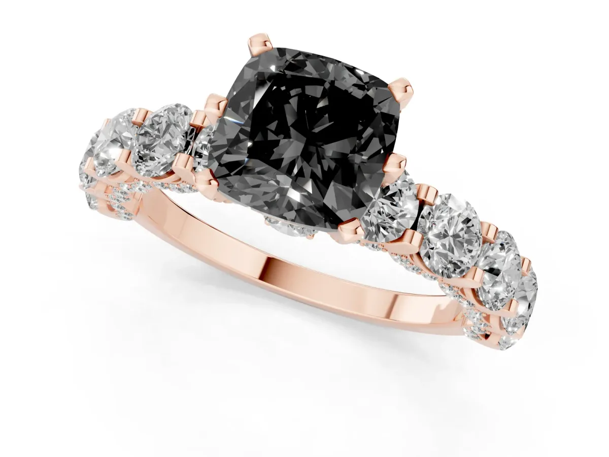 Fancy Black Cushion Cut Diamond Side Stone Engagement Ring with Four-Prong Setting Rose gold