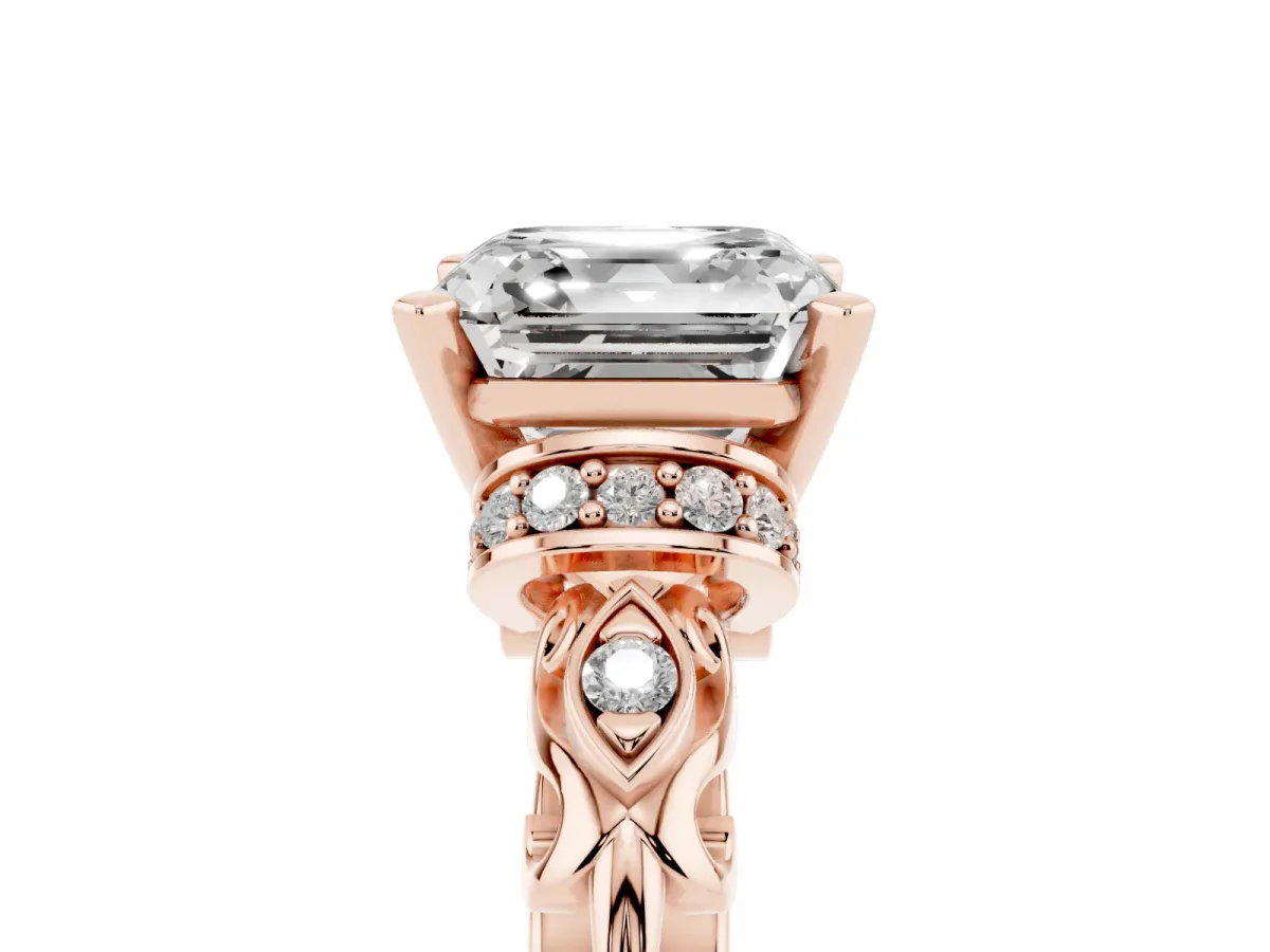 Asscher Cut Diamond Solitaire Ring with Filigree Band and Four-Prong Setting Rose gold