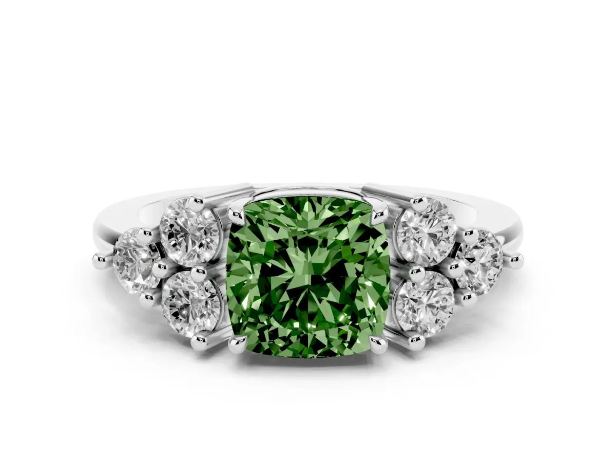 Fancy Green Cushion Cut Brilliant Diamond Cluster Accent Solitaire Ring with Prong Setting Platinum