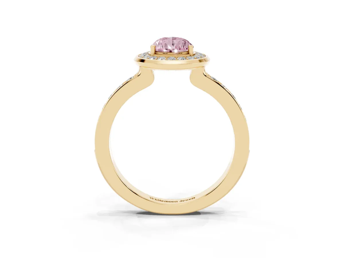 Fancy Pink Pear Cut Diamond Halo Ring with Bezel Frame and Pavé Band Yellow gold