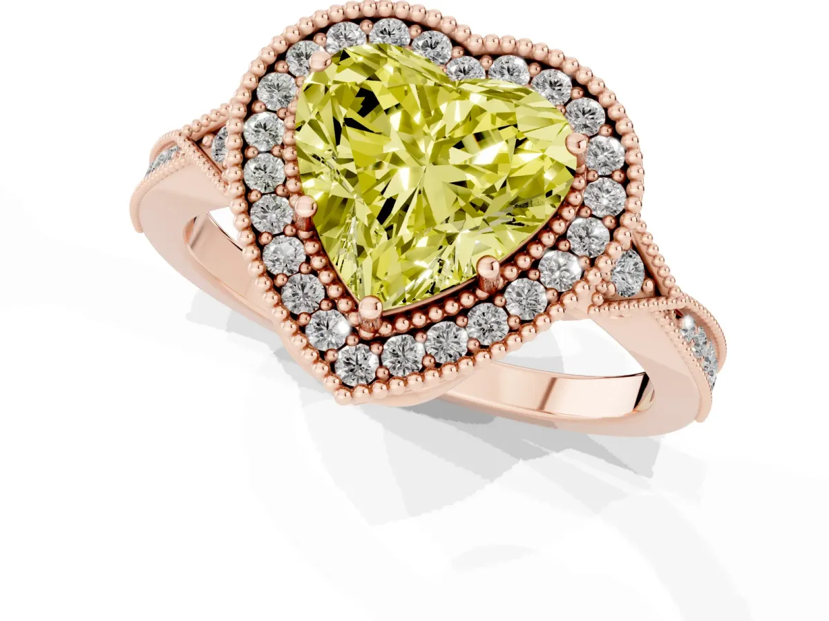 Fancy Yellow Heart Cut Halo Round Diamond Milgrain Pave Engagement Ring Rose gold