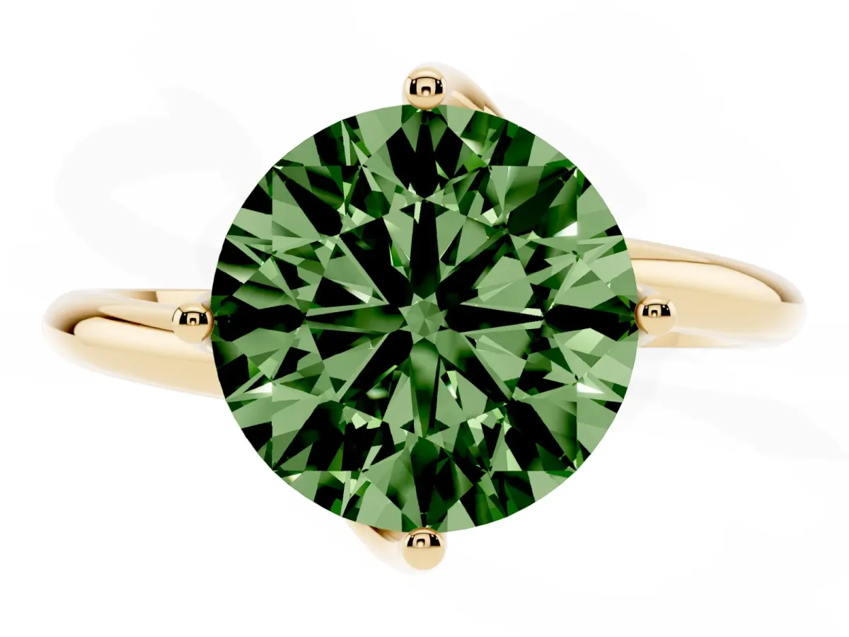 Fancy Green Round Cut Diamond Solitaire Engagement Ring with Four-Prong Setting and Classic Band Yellow gold