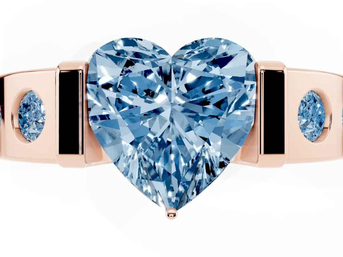 Fancy Blue Heart Cut Brilliant Channel-Set Diamond Ring with Bezel Prong Setting Rose gold