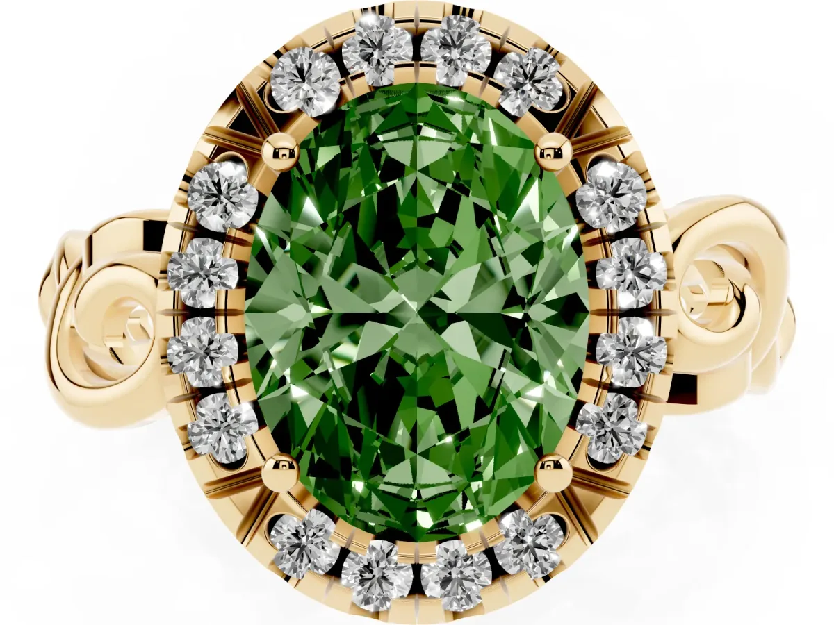 Fancy Green Oval Cut Cut Halo Diamond Ring with Scrollwork Band and Four-Prong Setting Yellow gold