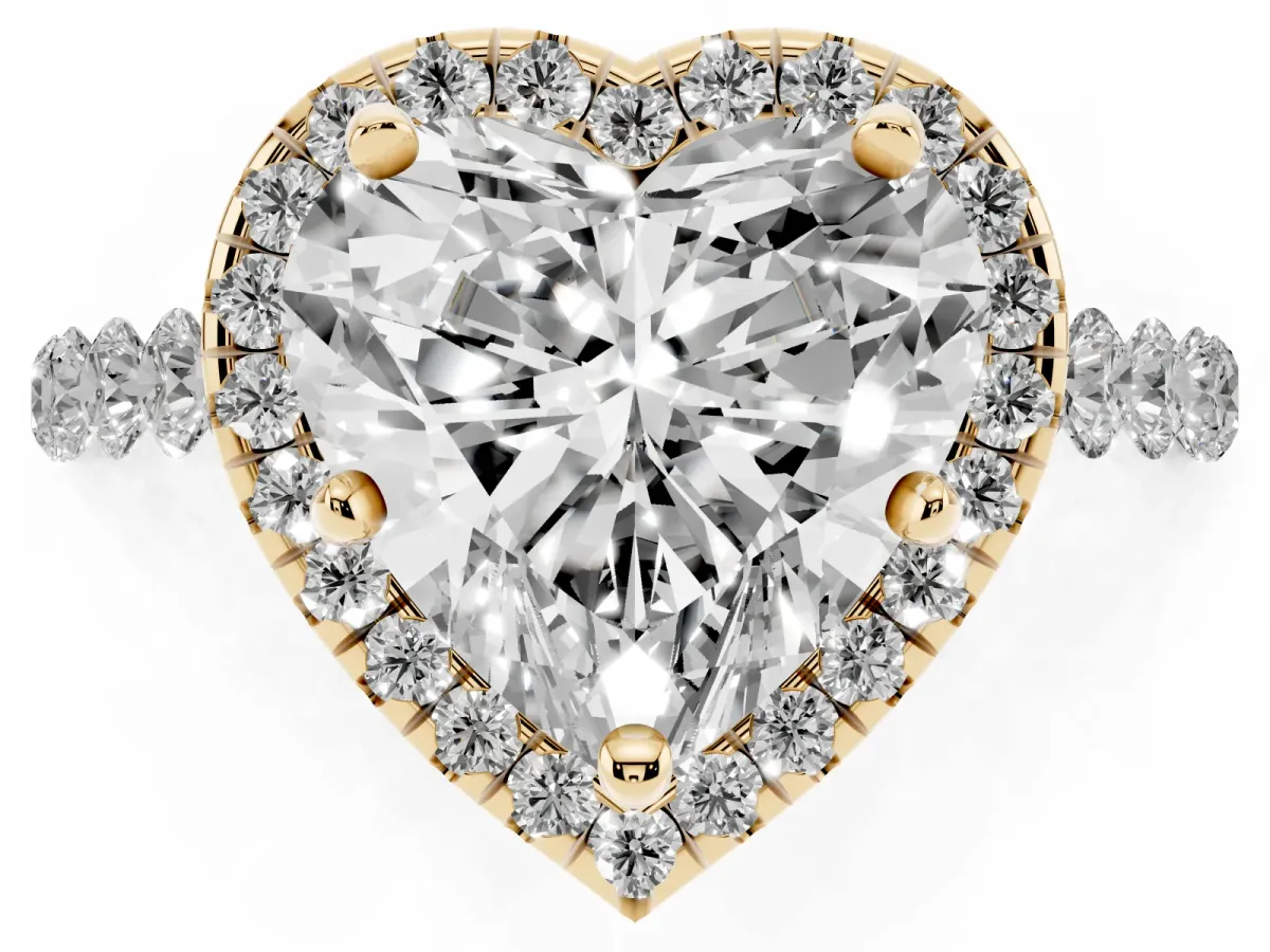 Heart Cut Halo Pavé Diamond Engagement Ring with Four-Prong Setting Yellow gold