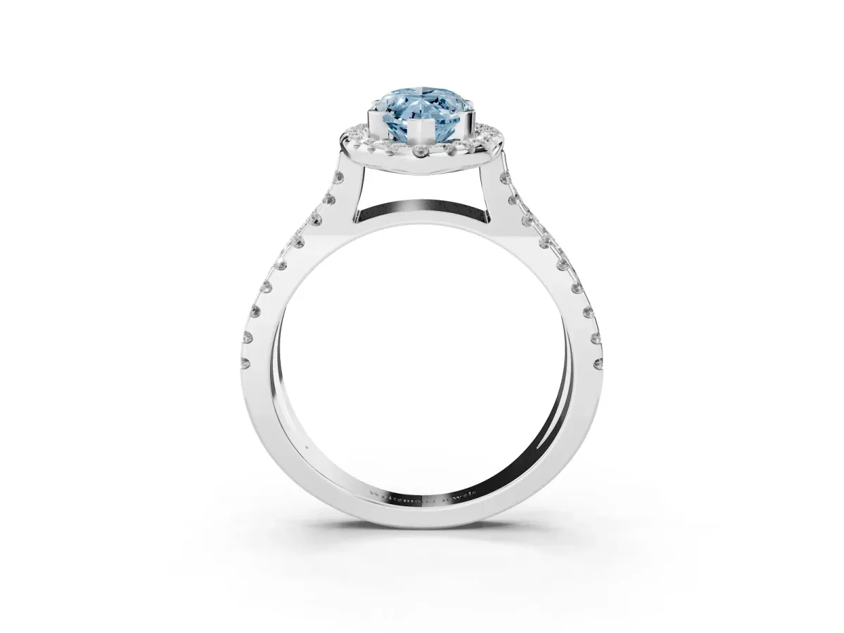 Fancy Blue Marquise Cut Diamond Halo Ring with Split Shank Pavé Band and Prong Setting Silver