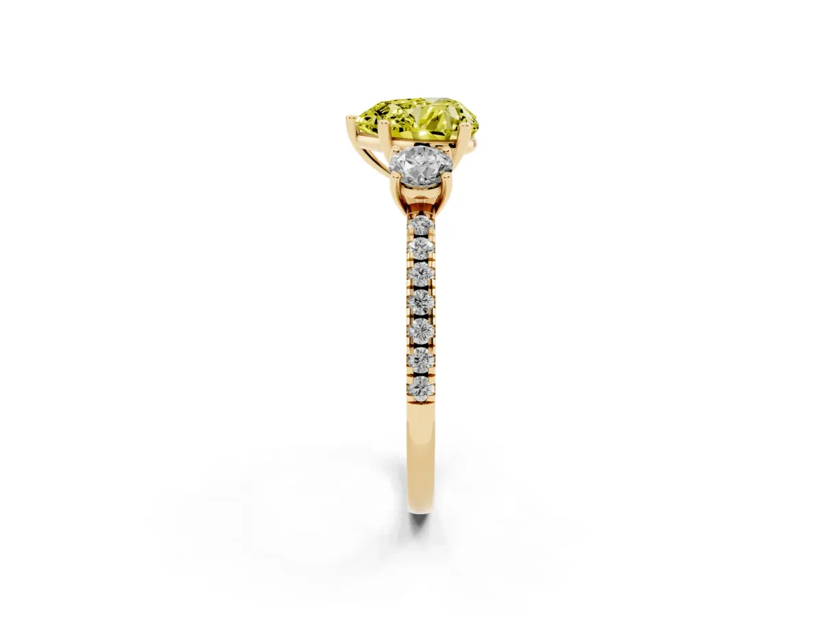 Fancy Yellow Three-Stone Heart Cut Cut Diamond Pavé Band with Prong Setting Yellow gold