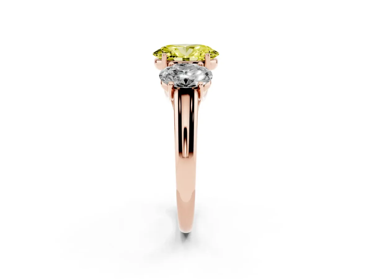 Fancy Yellow Three-Stone Oval Cut Diamond Engagement Ring with Prong Setting Rose gold