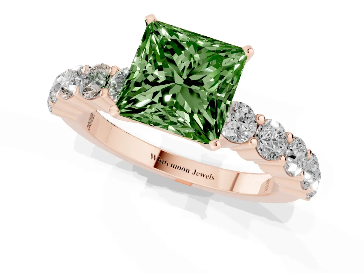 Fancy Green Princess Cut Diamond Solitaire Ring with Shared Prong Round Side Stones Rose gold