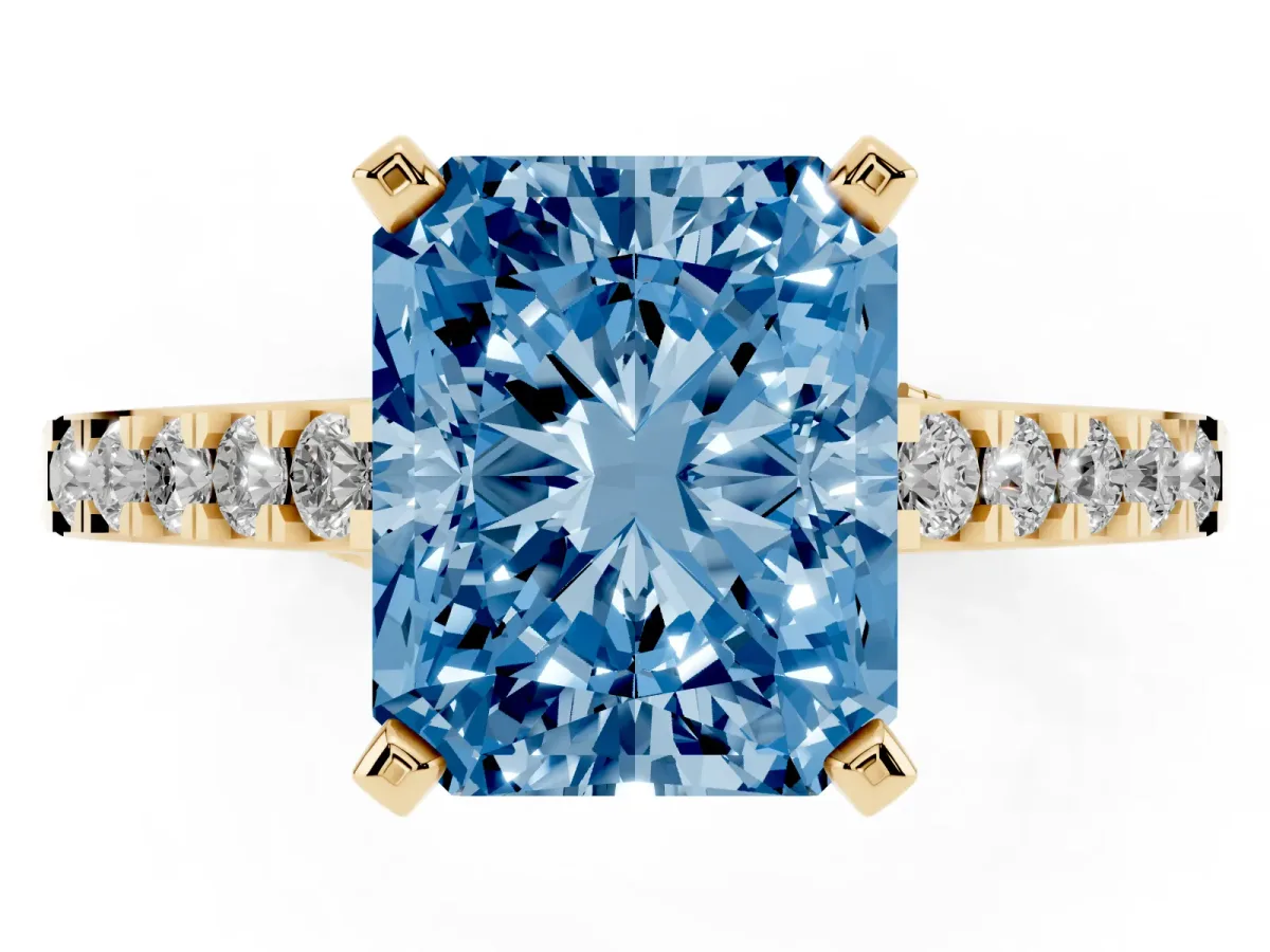 Fancy Blue Radiant Cut Diamond Solitaire Ring with Crossover Gallery and Round Pavé Band Yellow gold