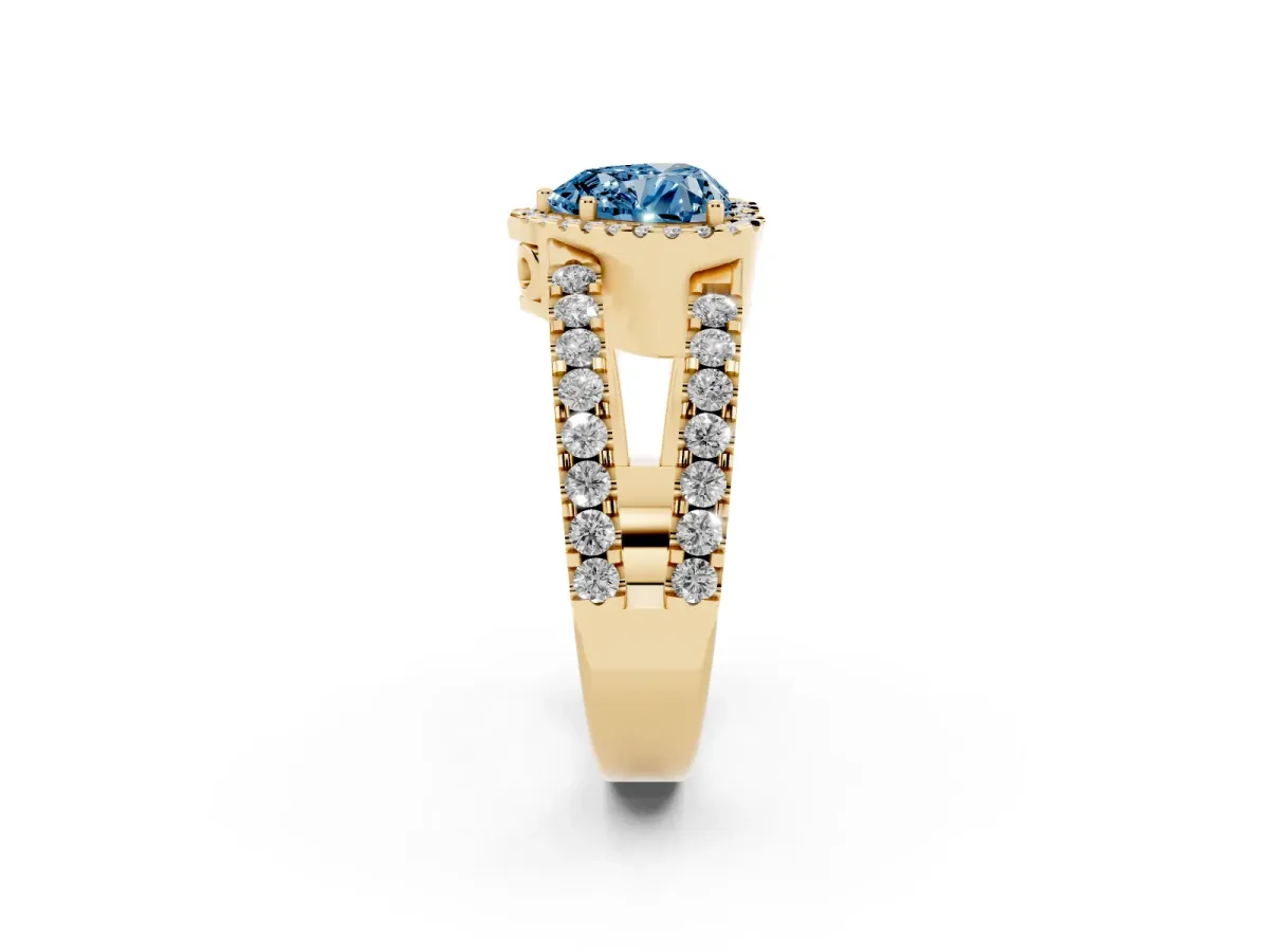 Fancy Blue Heart Cut Cut Halo Split Shank Diamond Ring with Four-Prong Setting Yellow gold