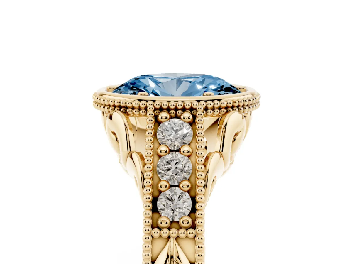 Fancy Blue Bezel Set Oval Cut Diamond Milgrain Pave Engagement Ring Yellow gold