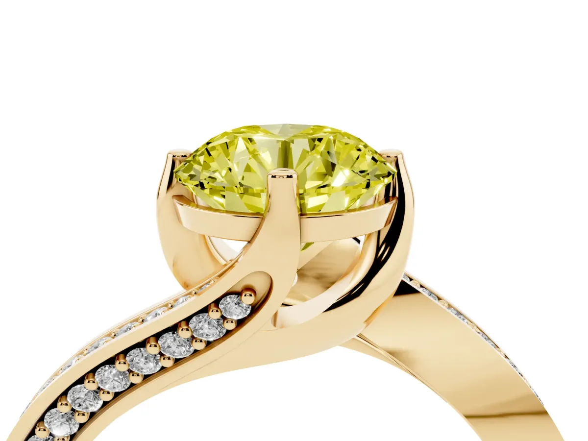 Fancy Yellow Round Cut Solitaire Diamond Twist Band with Pavé Setting and Four-Prong Setting Yellow gold