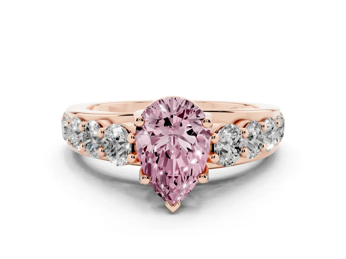 Fancy Pink Pear Cut Diamond Engagement Ring with Pavé Band and Four-Prong Setting Rose gold