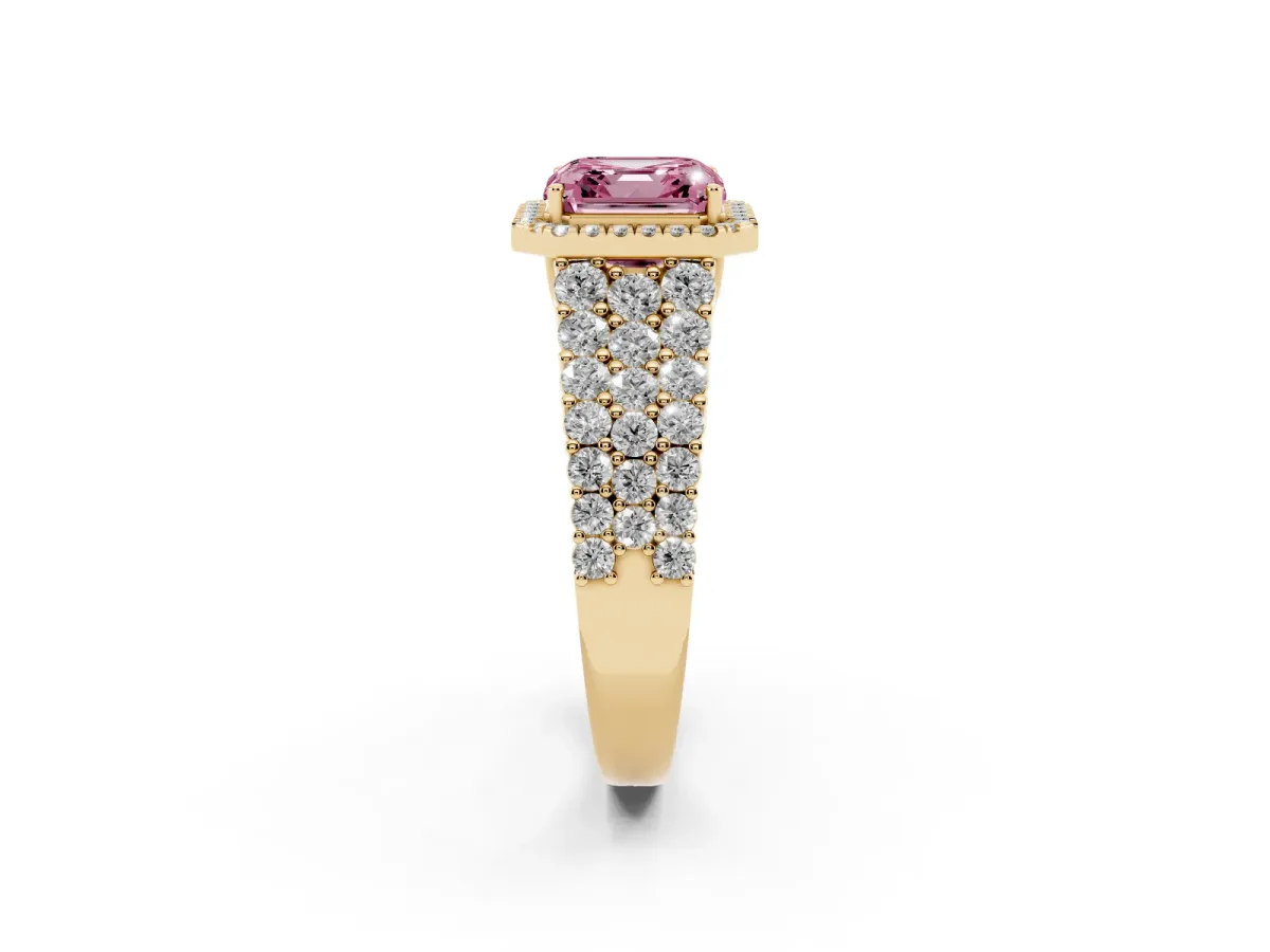 Fancy Pink Asscher Cut Diamond Halo Engagement Ring with Triple Row Round Pavé Band and Prong Setting Yellow gold