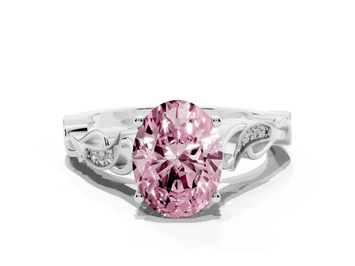 Fancy Pink Oval Cut Solitaire Vine Band with Milgrain Prong Setting Silver