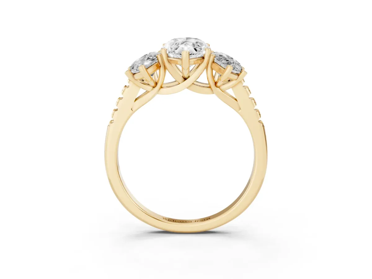 Three-Stone Marquise Cut Diamond Ring with Round Pavé Band and Prong Setting Yellow gold
