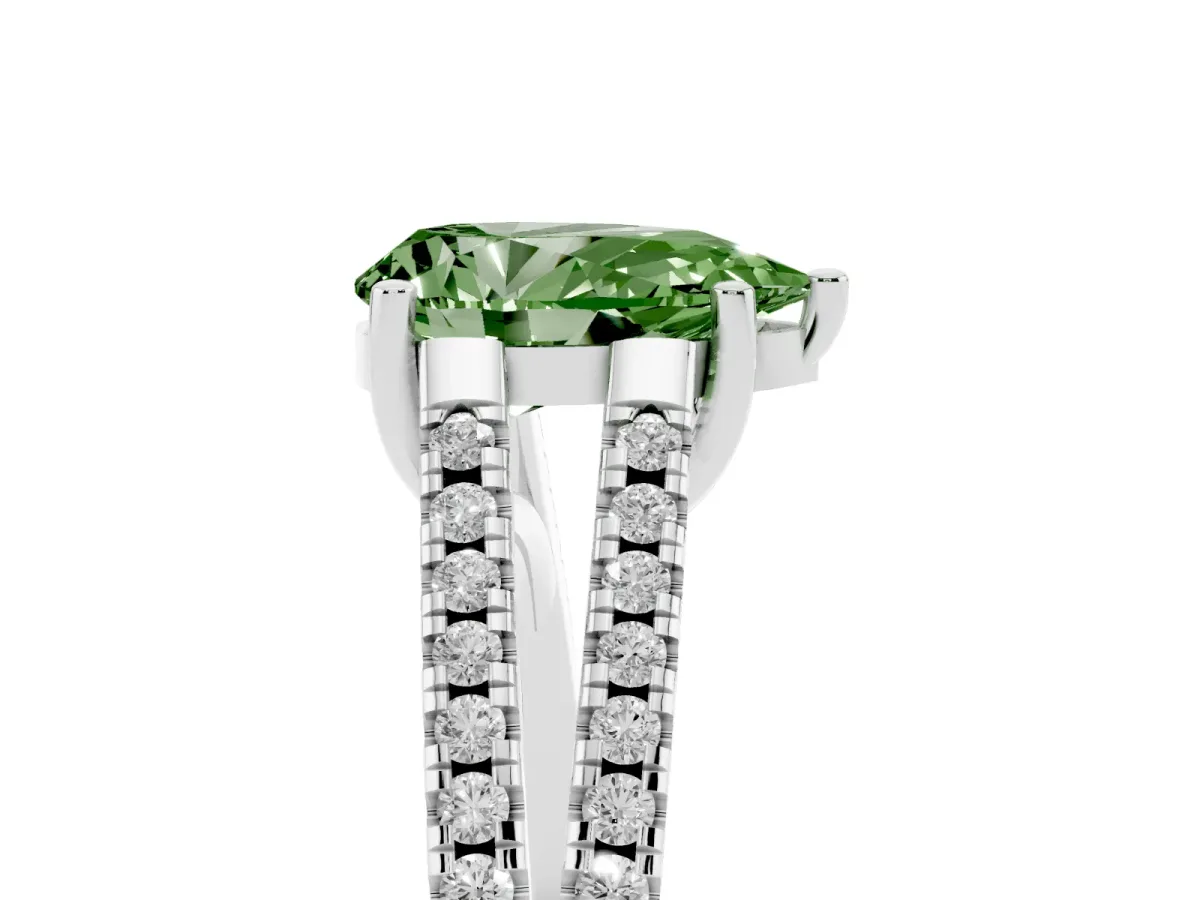 Fancy Green Pear Cut Diamond Solitaire Engagement Ring with Split Shank Pavé Band Platinum
