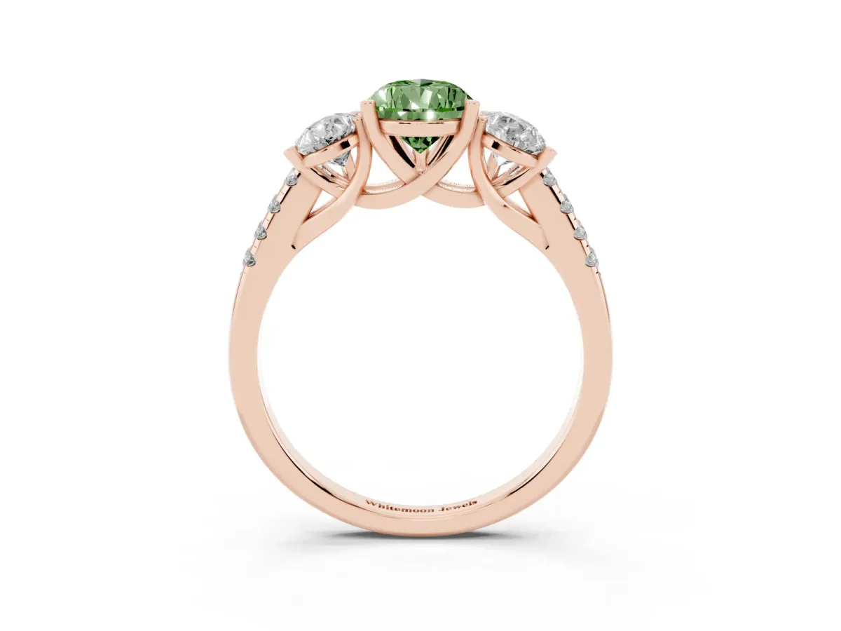 Fancy Green Three-Stone Pear Cut Diamond Ring with Round Pavé Band and Prong Setting Rose gold