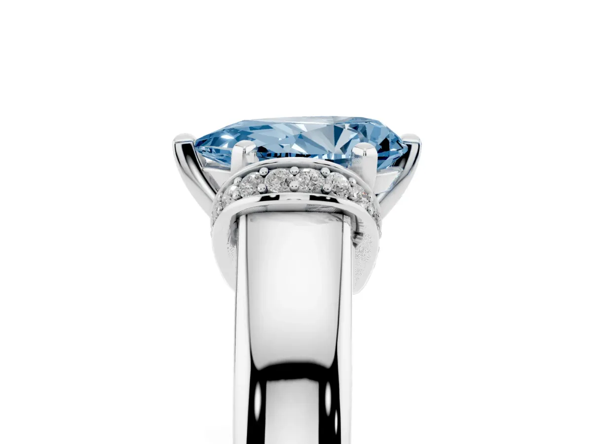 Fancy Blue Pear Cut Solitaire Diamond Ring with Pave Band and Six-Prong Setting Silver