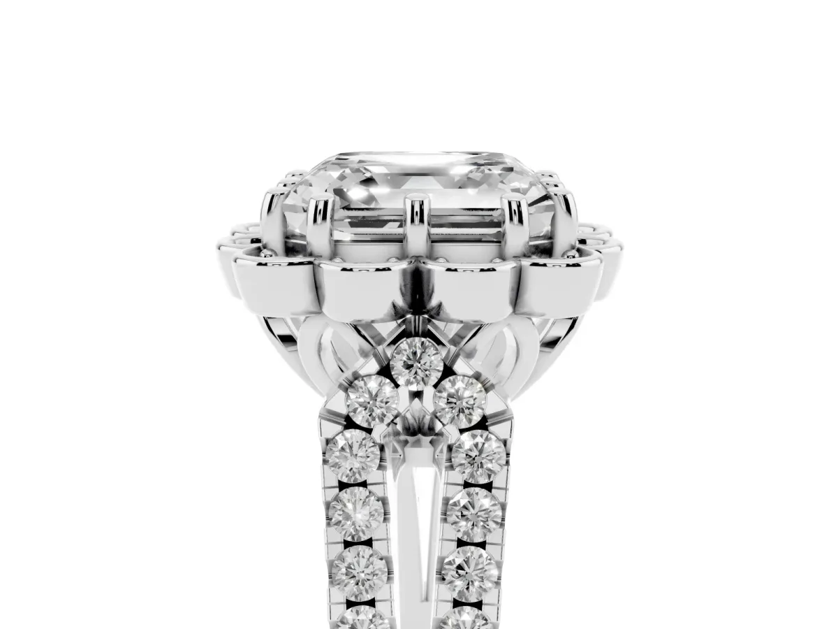 Asscher Cut Halo Diamond Floral Split Shank Engagement Ring Silver