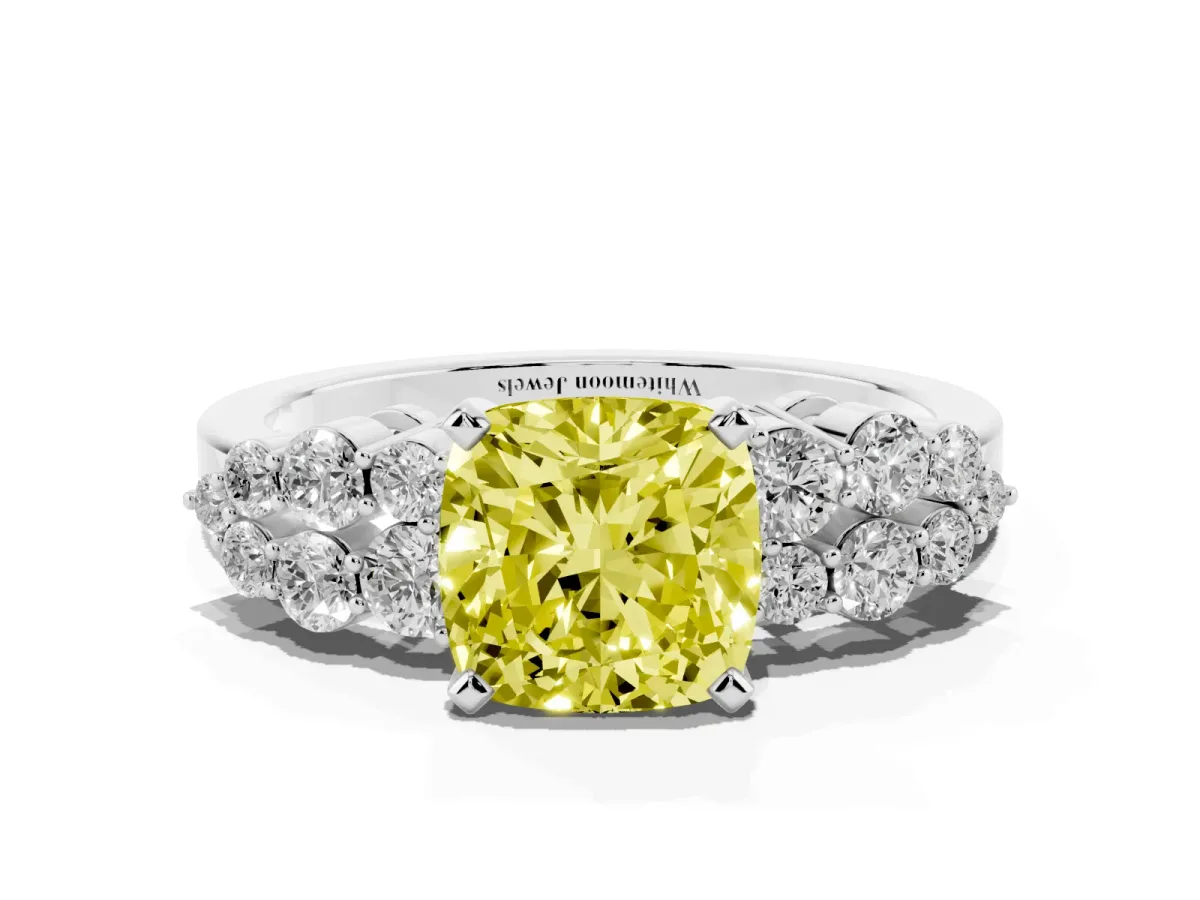 Fancy Yellow Cushion Cut Cluster Diamond Engagement Ring with Pavé Band and Four-Prong Setting Silver