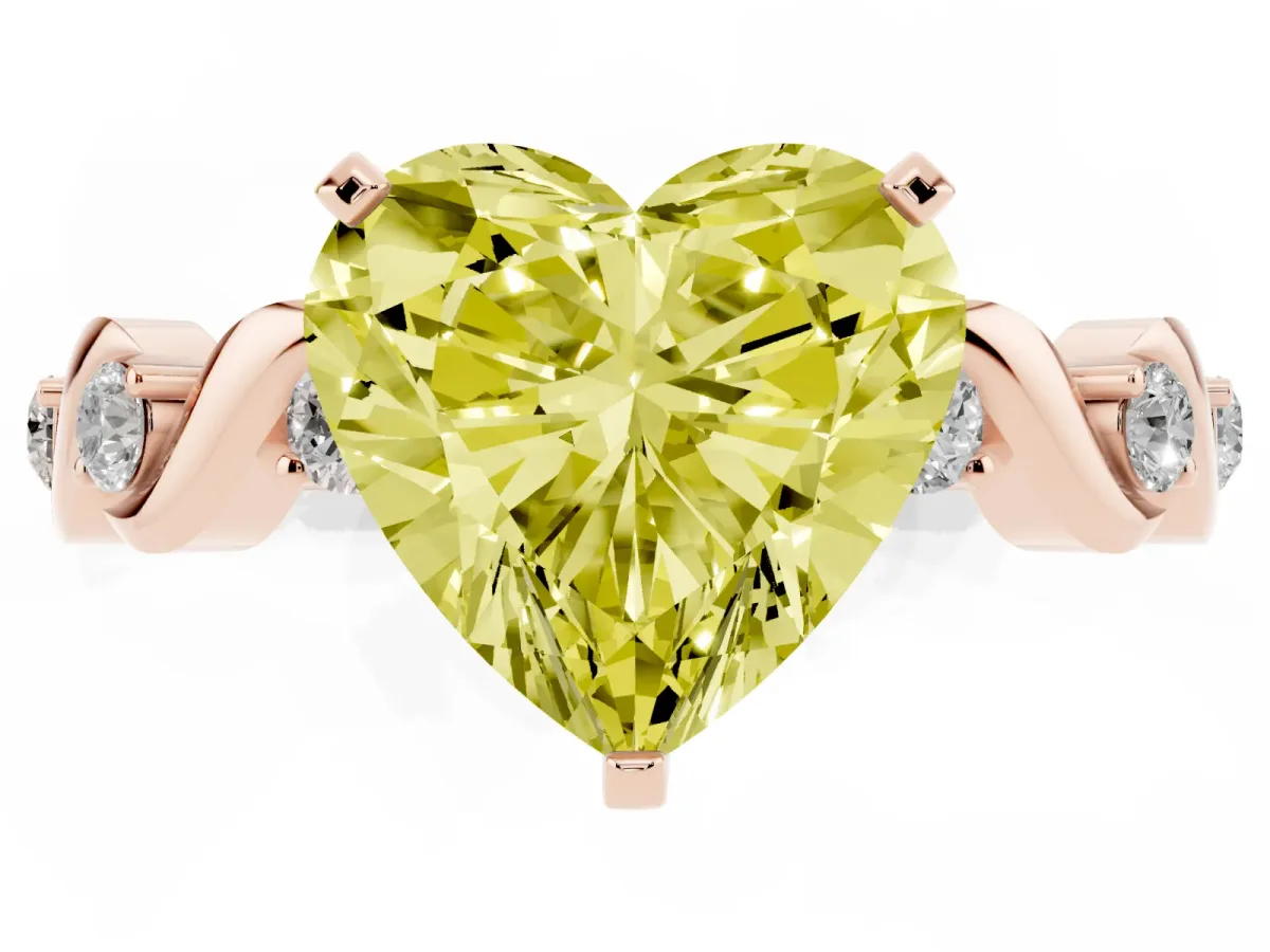 Fancy Yellow Heart Cut Diamond Solitaire Twisted Band with Round Accents and Prong Setting Rose gold