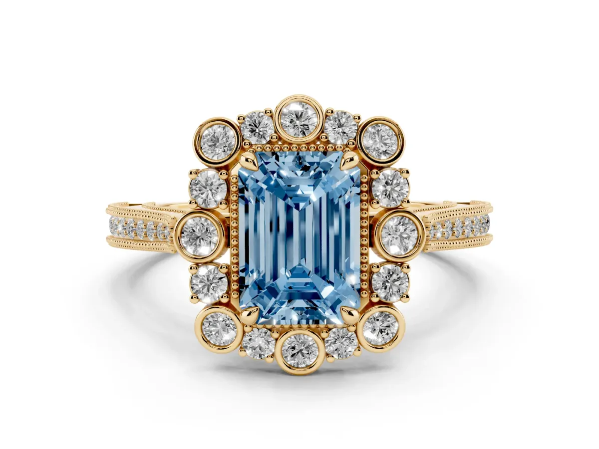 Fancy Blue Emerald Cut Halo Milgrain Pave Diamond Ring with Four-Prong Setting Yellow gold