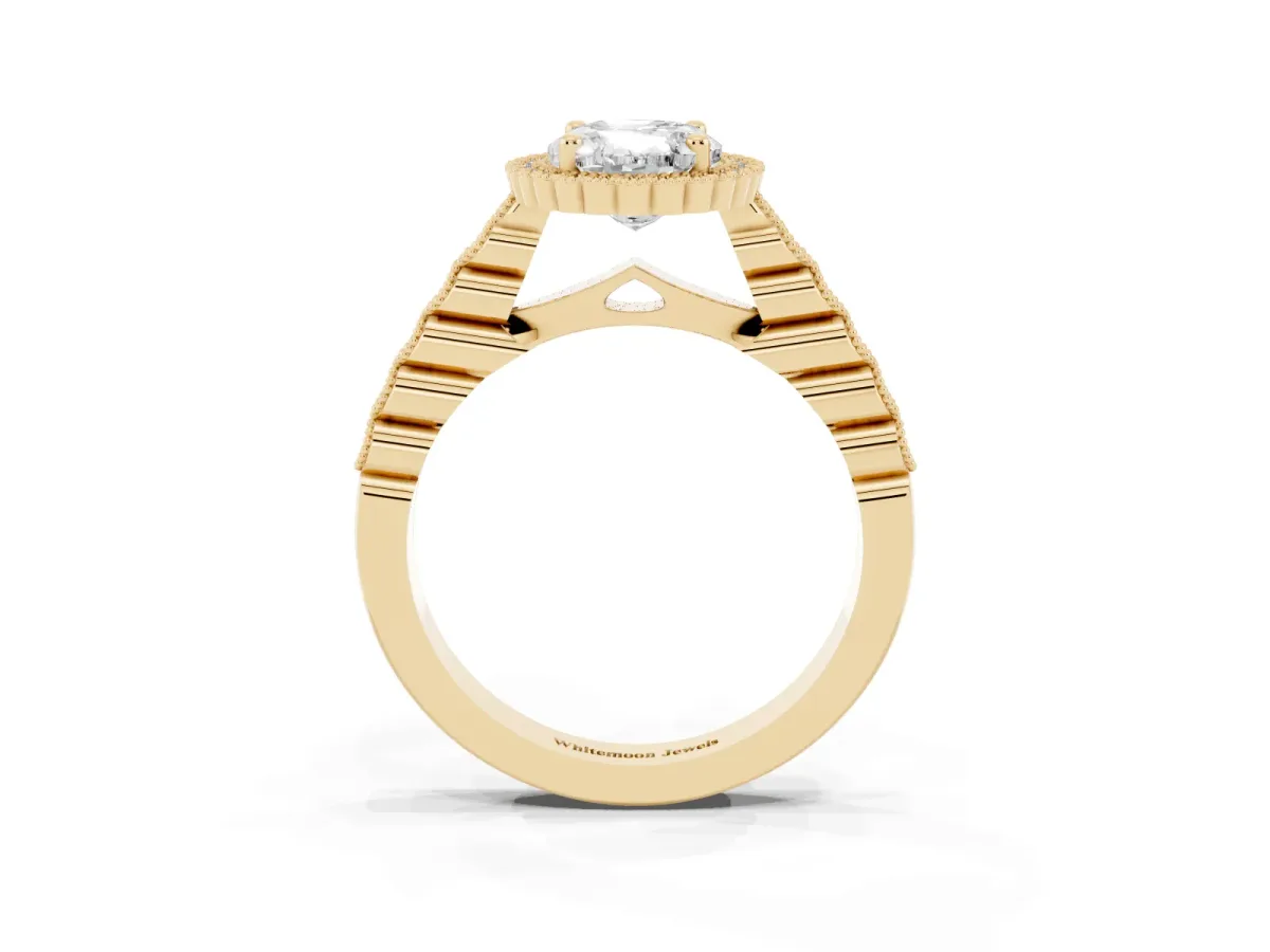 Oval Cut Cut Halo Pavé Solitaire Ring with Milgrain Band Yellow gold