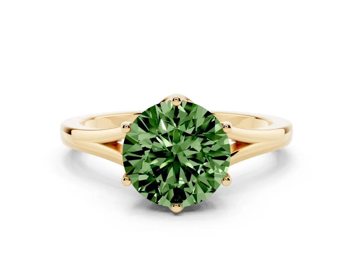 Fancy Green Round Cut Solitaire Diamond Ring with Six-Prong Setting and Tapered Band Yellow gold