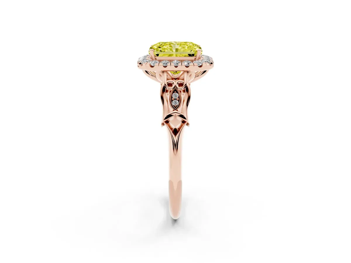 Fancy Yellow Radiant Cut Halo Diamond Engagement Ring with Filigree Band and Four-Prong Setting Rose gold