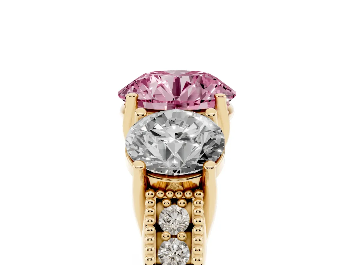 Fancy Pink Three-Stone Round Cut Cut Milgrain Pavé Engagement Ring Yellow gold