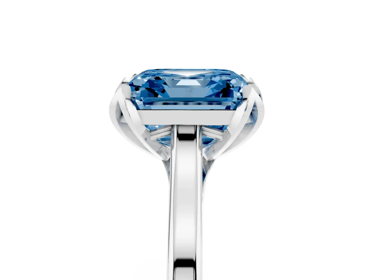 Fancy Blue Asscher Cut Diamond Solitaire Ring with Flower Prong Setting and Classic Band Silver