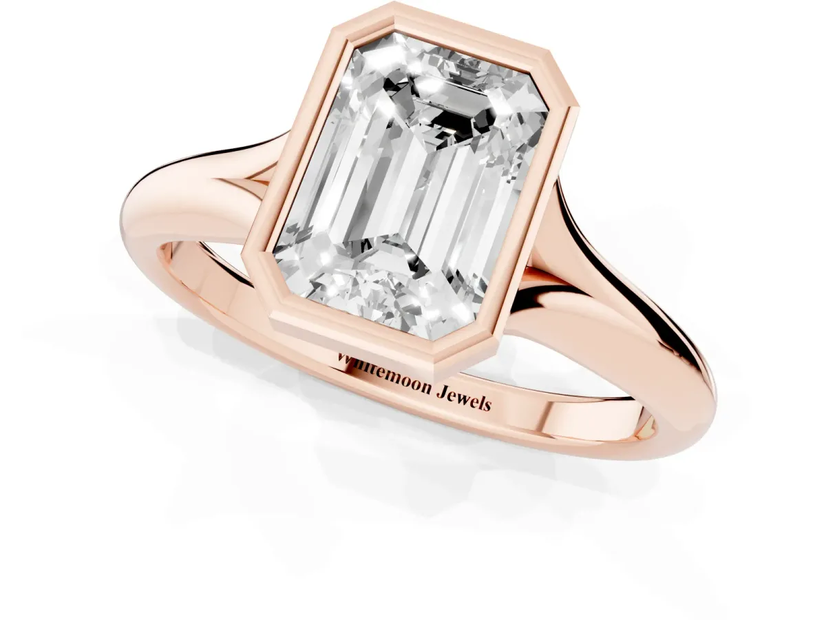 Bezel Set Emerald Cut Solitaire Diamond Ring with Smooth Band Rose gold