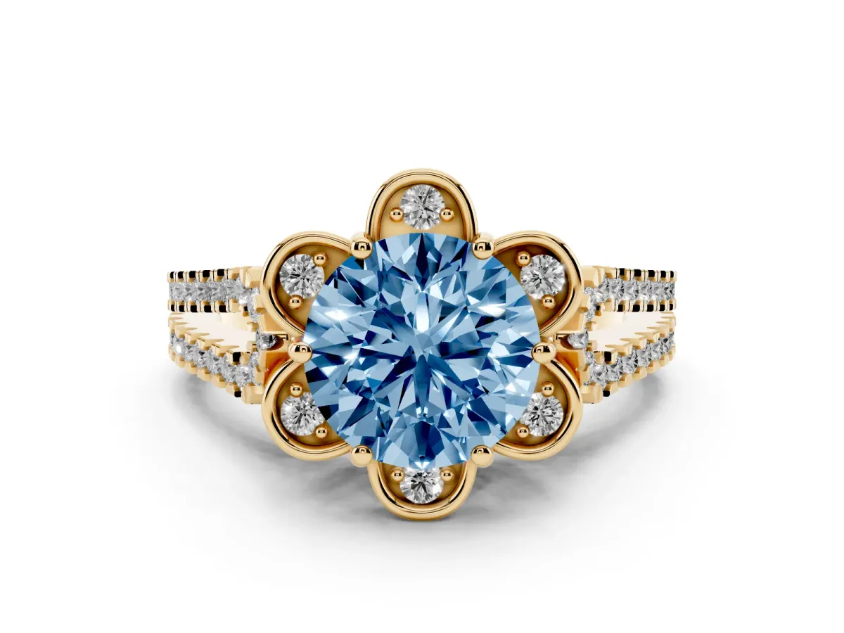 Fancy Blue Round Cut Halo Diamond Floral Split Shank Engagement Ring Yellow gold