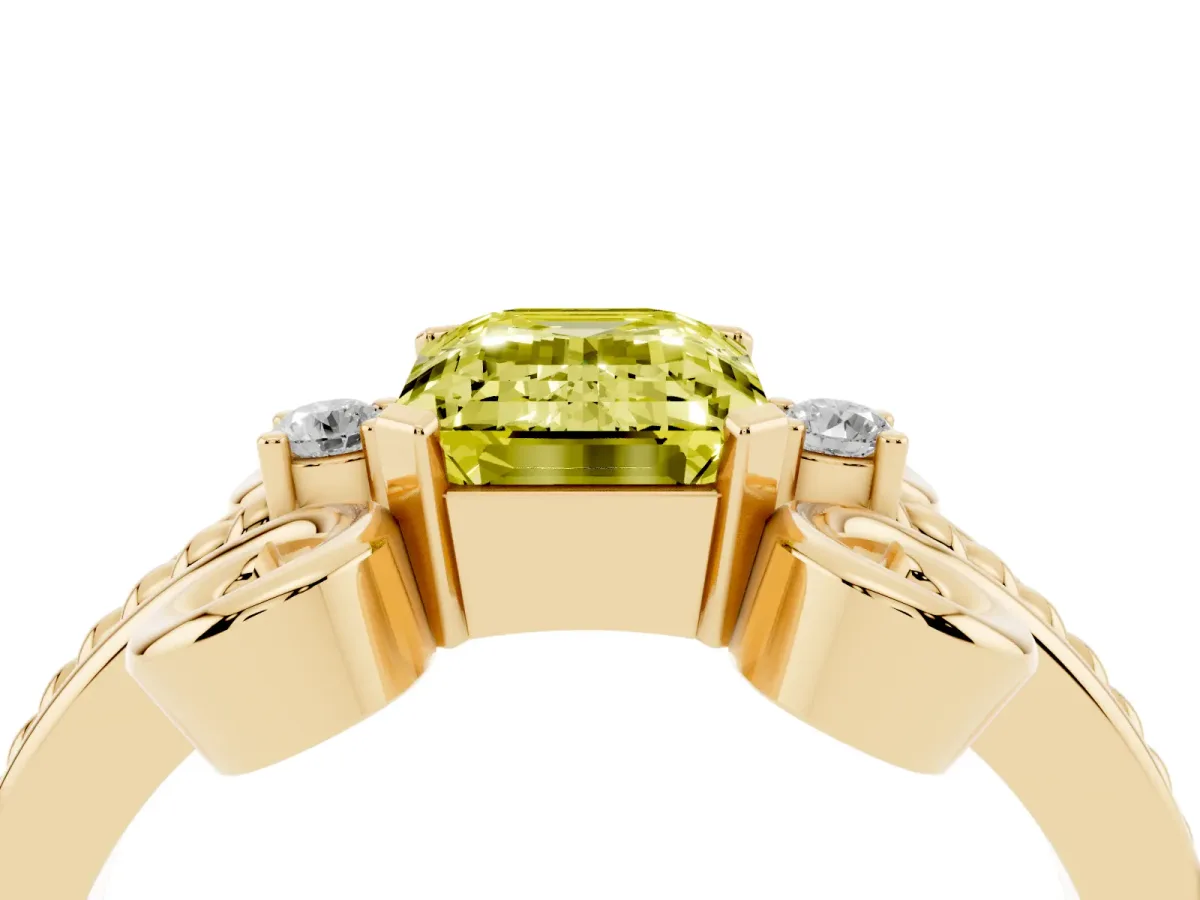 Fancy Yellow Emerald Cut Solitaire Twisted Band Scroll Prong Ring Yellow gold