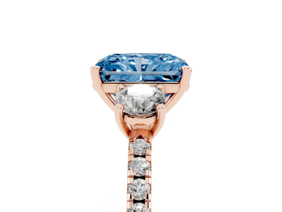 Fancy Blue Three-Stone Radiant Cut Cut Diamond Pavé Band with Prong Setting Rose gold