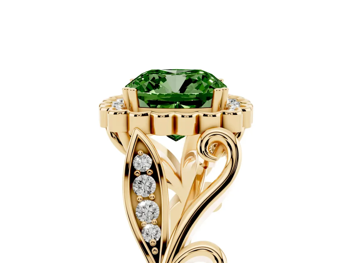 Fancy Green Cushion Cut Diamond Halo Ring with Vintage Split Shank and Four-Prong Setting Yellow gold