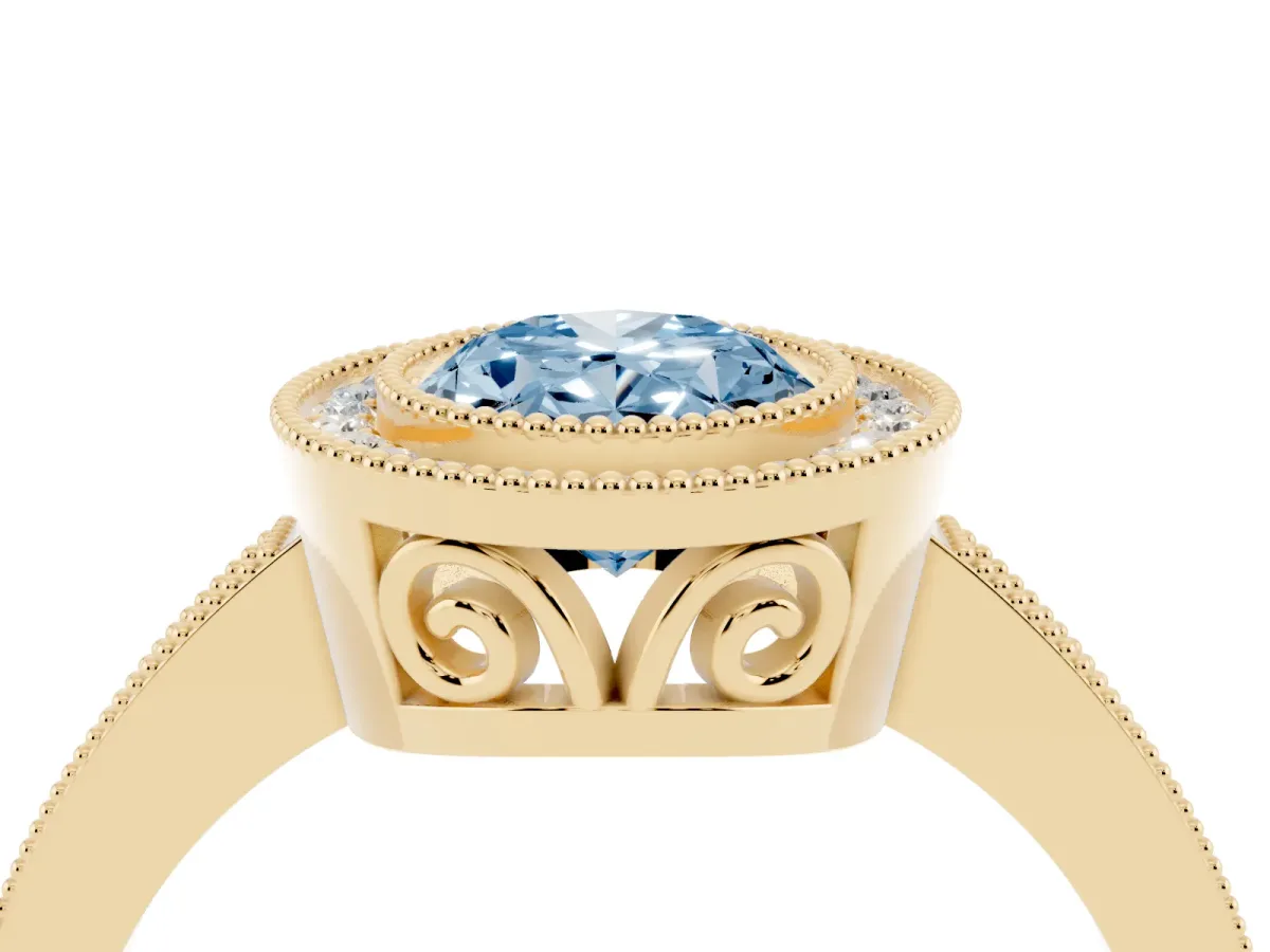 Fancy Blue Oval Cut Cut Halo Diamond Ring with Pavé Band and Milgrain Prong Setting Yellow gold
