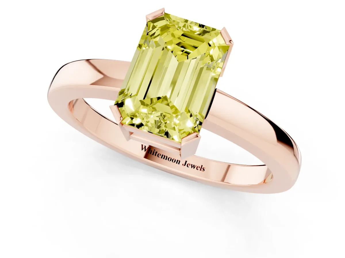 Fancy Yellow Emerald Cut Cut Solitaire Ring with Four-Prong Setting and Classic Band Rose gold