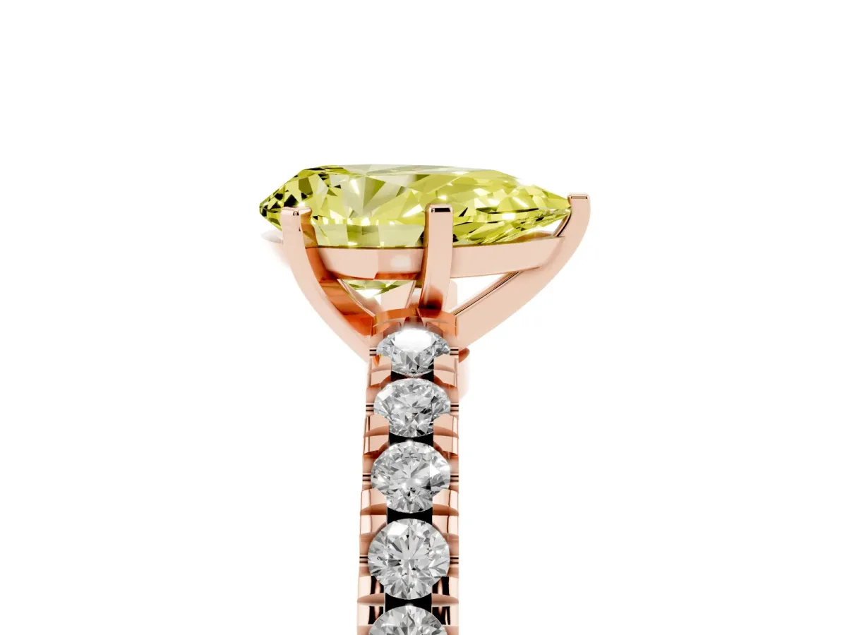 Fancy Yellow Pear Cut Solitaire Diamond with Pavé Band and Four-Prong Setting Rose gold