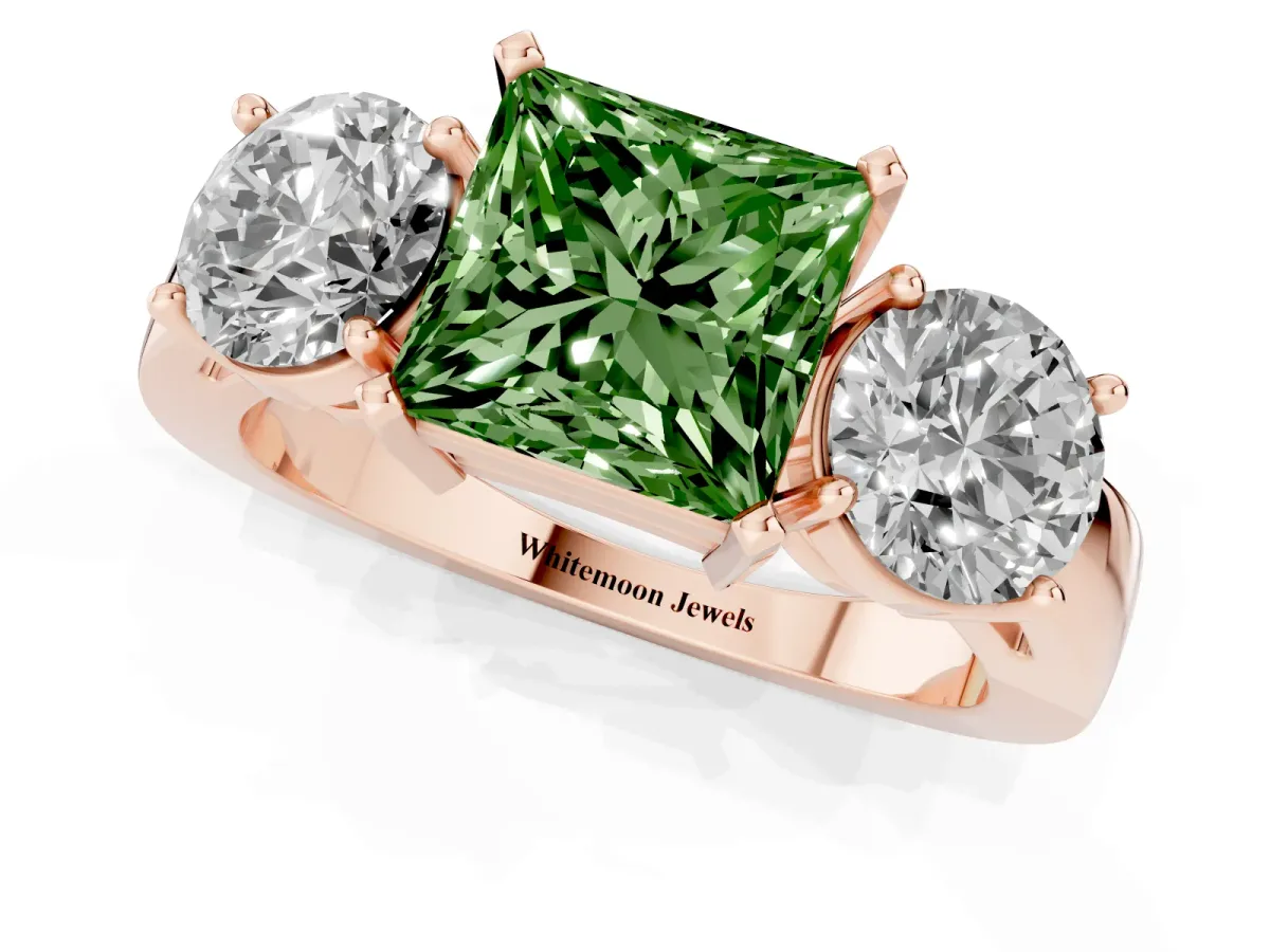 Fancy Green Three-Stone Princess Cut Diamond Ring with Round Side Stones, Classic Band, and Four-Prong Setting Rose gold