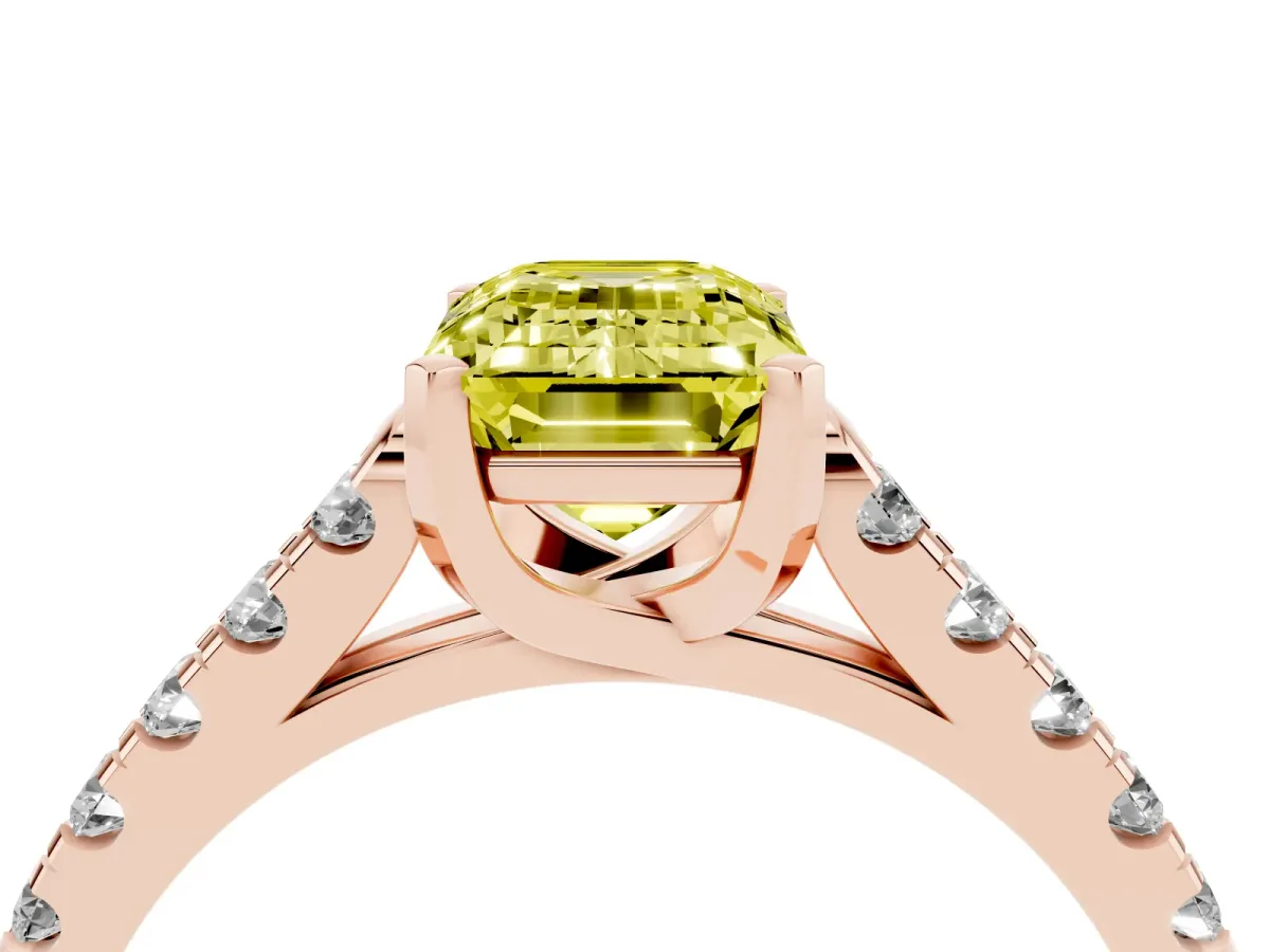 Fancy Yellow Emerald Cut Diamond Pavé Band Solitaire Ring with Prong Setting Rose gold